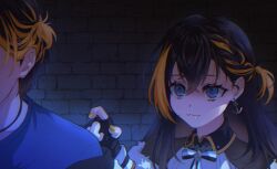  1boy 1girl :3 anchor_earrings black_bodysuit black_hair blonde_hair blonde_streaks blue_eyes blue_shirt bodysuit braid brick_wall closed_mouth collared_dress dark dress dual_persona earrings fingerless_gloves fur-trimmed_jacket fur_trim genderswap genderswap_(ftm) gloves hair_behind_ear hair_between_eyes highres jacket jewelry jin_(pineeeapple) long_hair multicolored_hair nail_polish nijisanji nijisanji_en petra_gurin petra_gurin_(2nd_costume) shaded_face shirt short_hair side_braid streaked_hair virtual_youtuber 