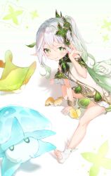  1girl bird commentary_request detached_sleeves genshin_impact gradient_background highres loli mina_(sakg2773) nahida_(genshin_impact) parted_lips pointy_ears simple_background sitting sleeveless smile squirrel toes wariza 
