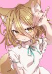  1girl animal_ears blonde_hair brown_eyes e_sdss fox_ears fox_girl fox_shadow_puppet fox_tail from_above green_ribbon highres kudamaki_tsukasa pink_background ribbon romper short_hair simple_background solo tail touhou white_romper yellow_eyes 