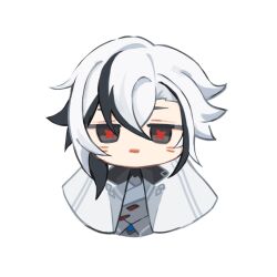  1girl arlecchino_(genshin_impact) black_eyes black_hair black_streaks blush chibi coat genshin_impact hair_between_eyes highres long_hair looking_at_viewer mihoyo mmsz33825 multicolored_hair red_pupils short_hair solo streaked_hair symbol-shaped_pupils two-tone_hair white_hair x-shaped_pupils 