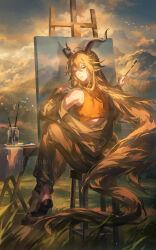  1girl arknights bare_shoulders blonde_hair degenbrecher_(arknights) helen_zzhao highres long_hair looking_back mountain off_shoulder painting_(action) painting_(object) scenery sitting solo solo_focus very_long_hair 