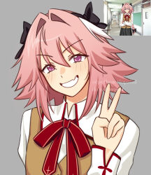 1boy astolfo_(fate) black_bow black_skirt blush bow crossed_arms fang fate_(series) grey_background hair_between_eyes hair_bow hallway high_collar highres homurabara_academy_school_uniform long_sleeves medium_hair parted_lips pink_eyes pink_hair pythea red_ribbon ribbon school_uniform screenshot_inset shirt simple_background skin_fang skirt solo teeth upper_body v vest white_shirt yellow_vest 