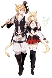  1boy 1girl animal_ears axe bare_shoulders black_boots black_vest blonde_hair blue_eyes boots braid cat_boy cat_ears cat_girl cat_tail commentary_request cosplay detached_sleeves eos_(ff14) fairy fate/strange_fake fate_(series) final_fantasy final_fantasy_xiv full_body fuoro glasses highres holding holding_axe korean_commentary locked_arms midriff miqo'te multicolored_hair panties red_eyes red_streaks richard_i_(fate) round_eyewear sajou_ayaka_(fate/prototype) shirt simple_background single_braid smile standing strapless streaked_hair tail thigh-highs thigh_boots tube_top two-tone_hair underwear vest warrior_of_light_(ff14) warrior_of_light_(ff14)_(cosplay) white_background white_panties white_shirt white_thighhighs white_tube_top 