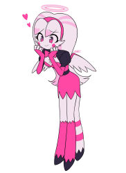  1girl absurdres angel angel_wings belt black_belt black_sleeves bow bowtie breasts circle_facial_mark clenched_hands closed_mouth colored_inner_hair commentary_request dress elbow_gloves extra_legs facial_mark fewer_digits fingerless_gloves flipped_hair frilled_dress frills full_body furry furry_female gloves hairband halo hands_on_own_cheeks hands_on_own_face hands_up hazbin_hotel heart hellaverse highres hooves horns kneehighs leaning_forward legs_together long_hair looking_ahead menma_(enaic31) molly_(hazbin_hotel) multicolored_hair no_nose pink_bow pink_bowtie pink_dress pink_eyes pink_gloves pink_hair pink_hairband pink_socks pink_streaks pink_wings puffy_short_sleeves puffy_sleeves raglan_sleeves raised_inner_eyebrows short_dress short_sleeves signature simple_background small_breasts smile socks solo standing streaked_hair striped_clothes striped_socks tareme traditional_bowtie two-tone_socks two-tone_wings very_long_hair white_background white_fur white_hair white_halo white_socks white_wings wings 