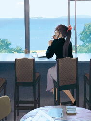  1girl back black_jacket chair drinking_straw glass grey_hair hattori_mitsuru highres jacket long_hair looking_at_another looking_back love_live! love_live!_nijigasaki_high_school_idol_club ocean on_chair osaka_shizuku paper ponytail sitting skirt solo table tree water white_skirt window 