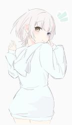  1girl bang_dream! bang_dream!_it's_mygo!!!!! blue_eyes blush commentary dress heterochromia highres kaname_raana long_sleeves looking_at_viewer looking_back melty_lubll open_mouth short_hair simple_background solo white_background white_dress white_hair yellow_eyes 
