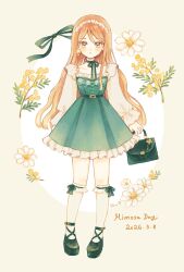  1girl asymmetrical_sidelocks bag belt_buckle brown_hair buckle choker commentary_request dated double-parted_bangs dress ear_flower floral_print flower flower_hairband frilled_dress frills full_body green_choker green_dress green_eyes green_shoes handbag hau_(hausan97) highres holding holding_bag knee_strap long_hair long_sidelocks long_sleeves looking_at_viewer mimosa_(flower) original print_dress puffy_long_sleeves puffy_sleeves ribbon_choker shoes sidelocks socks solo square_neckline standing straight-on wavy_hair white_flower white_socks women's_day yellow_flower 