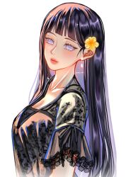  1girl absurdres black_hair blunt_bangs blush closed_mouth commentary earrings eyelashes highres hyuuga_hinata jewelry long_hair making-of_available naruto_(series) profile simple_background solo twitter_username violet_eyes white_background zimo_on 