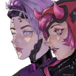  2girls air_orchid_valkyrie apex_legends black_headwear black_jacket blue_eyes blurry chinese_commentary cyber_punked_wattson dated depth_of_field eyepatch eyeshadow eyewear_on_head from_side head-mounted_display highres jacket kairanw lip_piercing looking_at_viewer makeup multiple_girls official_alternate_costume one_eye_covered parted_lips piercing pink_eyeshadow pink_hair purple_hair purple_scarf scarf short_hair valkyrie_(apex_legends) violet_eyes wattson_(apex_legends) white_background 