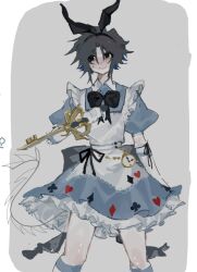  1other alice's_adventures_in_wonderland alice_(alice_in_wonderland) alice_(alice_in_wonderland)_(cosplay) apron back_bow black_bow black_bowtie black_eyes black_hair blue_dress blush bow bowtie closed_mouth commentary cosplay cowboy_shot dress english_commentary forsaken_(roblox) frilled_dress frills highres holding holding_key key kuroda_(gen3uwmujrozfy6) lace-trimmed_apron lace_trim parted_bangs puffy_short_sleeves puffy_sleeves roblox short_sleeves sidelocks simple_background smile solo two_time_(forsaken) white_apron white_background 