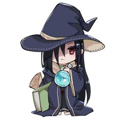  1girl :< black_hair black_hat black_robe black_skirt book chibi chibi_only closed_mouth commentary_request flask frown full_body hair_over_one_eye hand_up hat heaven_burns_red highres holding holding_flask kneeling long_bangs long_hair long_sleeves looking_at_viewer one_eye_covered open_clothes open_robe pleated_skirt red_eyes rin_0101010 robe rolled-up_paper round-bottom_flask simple_background skirt solo straight_hair tenne_miko transparent_background very_long_hair wide_sleeves witch witch_hat 