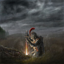  1boy absurdres armor beak breastplate clouds couter cuirass dark_cloud dragon english_commentary faulds feathers fire flaming_sword flaming_weapon full_armor gauntlets gorget grass grasslands hammk highres holding holding_sword holding_weapon knight original outdoors pauldrons plate_armor plume poleyn rain red_feathers rerebrace shield shield_on_back shoulder_armor smoke solo stab sword vambraces visor_(armor) weapon 