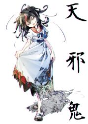  1girl black_hair blue_bow bow clothes_lift commentary_request dress full_body gorilla_(bun0615) head_tilt highres kijin_seija long_dress looking_at_viewer multicolored_hair open_mouth puffy_short_sleeves puffy_sleeves red_sailor_collar red_streaks sailor_collar sailor_dress sandals short_sleeves simple_background skirt skirt_lift solo standing streaked_hair tongue tongue_out touhou translation_request white_background white_dress yellow_eyes 