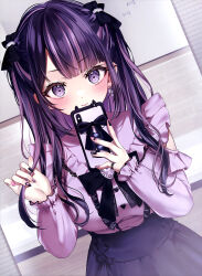  1girl absurdres black_bow black_hair black_nails black_skirt blouse blush bow breasts cat_ear_smartphone_case cellphone closed_mouth clothing_cutout dengeki_moeoh dutch_angle earrings frilled_shirt frills hair_bow hand_up heart heart_earrings high-waist_skirt highres holding holding_own_hair holding_phone indoors jewelry light_smile lolita_fashion long_hair long_sleeves looking_at_viewer magazine_scan medium_breasts mirror mirror_selfie multicolored_hair multicolored_nails nail_art nail_polish original phone pink_nails purple_hair purple_shirt scan selfie shirt shoulder_cutout sidelocks single_earring skirt smartphone smartphone_case solo streaked_hair third-party_source two-tone_hair two-tone_nails two_side_up upper_body violet_eyes yugaa 