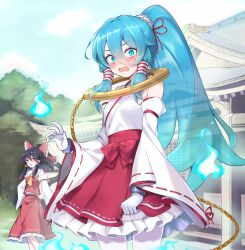  2girls alternate_costume ascot beikeice black_hair blue_eyes blue_hair blush bow chain check_commentary chinese_commentary clothes_grab commentary_request constricted_pupils cuffs detached_sleeves frilled_bow frilled_hair_tubes frilled_skirt frills ghost_tail hair_bow hair_ornament hair_tubes hakurei_reimu handcuffs highres hitodama long_hair long_sleeves looking_at_viewer medium_hair miyadeguchi_mizuchi multiple_girls nontraditional_miko nose_blush open_mouth ponytail red_bow red_eyes red_skirt ribbon ribbon-trimmed_sleeves ribbon_trim see-through_hair shackles shrine skirt skirt_set skull_hair_ornament smile spirit touhou tree variant_set yellow_ascot 