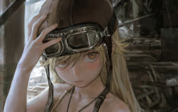  1girl aviator_cap aviator_goggles bakemonogatari bare_shoulders blonde_hair commentary_request dress goggles goggles_on_headwear hand_on_headwear highres indoors light_blush long_hair looking_at_viewer monogatari_(series) nail_polish oshino_shinobu pointy_ears portrait ruins solipsist solo strap_slip yellow_eyes 