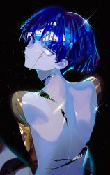  1other absurdres blue_eyes blue_hair colored_skin cracked_skin crying crystal_hair glowing glowing_eye gold golden_arms heterochromia highres houseki_no_kuni other_focus parai0 phosphophyllite phosphophyllite_(gemstone) phosphophyllite_(ll) scar scar_on_neck see-through_hair shiny_skin short_hair sky solo star_(sky) starry_sky starry_sky_background streaming_tears striped_skin tears white_eyes white_skin 