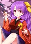  1girl :o bare_legs bow breasts commentary_request eyes_visible_through_hair feet_out_of_frame hand_up highres holding holding_smoking_pipe japanese_clothes kimono kiseru komakusa_sannyo long_hair medium_breasts open_mouth ponytail purple_hair red_kimono ribbon ruu_(tksymkw) sash sitting smoke smoking smoking_pipe solo touhou very_long_hair yellow_ribbon 