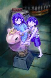  +_+ 1boy 1girl aubrey_(headspace)_(omori) aubrey_(omori) barefoot blue_shirt blush bright_pupils checkered_clothes closed_mouth colored_skin double-parted_bangs hair_between_eyes highres kel_(headspace)_(omori) kel_(omori) long_hair long_shirt looking_at_another nofu_no0004 omori purple_hair purple_shorts shirt short_hair short_sleeves shorts sidelocks t-shirt tank_top tongue violet_eyes white_pupils white_skin 