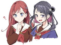  2girls :d ? black_hair blue_eyes blush brown_dress cardigan closed_mouth colored_inner_hair commentary_request double_bun dress erobear flower hair_bun hair_flower hair_ornament hand_on_own_chin hasu_no_sora_school_uniform kinjou_maika link!_like!_love_live! long_hair long_sleeves love_live! multicolored_hair multiple_girls neckerchief open_mouth pink_hair purple_cardigan red_hair red_neckerchief sailor_collar sailor_dress school_uniform shirin_mion simple_background smile sweatdrop teeth two_side_up upper_teeth_only v-shaped_eyebrows violet_eyes virtual_youtuber white_background white_flower white_sailor_collar winter_uniform 