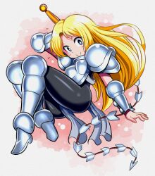 1girl arm_behind_head arm_guards armor armored_boots black_bodysuit blonde_hair blush_stickers bodysuit boots breastplate breasts bright_pupils commentary_request crossed_legs dot_nose flying_sweatdrops full_body gradient_background hiro68 holding holding_sword holding_weapon janne_d'arc long_hair looking_at_viewer medium_breasts paper_texture parted_bangs pauldrons pelvic_curtain pink_background shiny_clothes short_sleeves shoulder_armor sleeveless sleeveless_bodysuit smile solo sword thighs weapon whip_sword world_heroes 