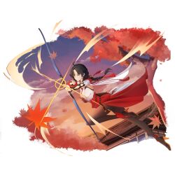  1girl absurdres aiming architecture autumn autumn_leaves black_pantyhose bow_(weapon) chiyo_(strinova) east_asian_architecture full_body highres leaf letussy orange_sky pantyhose sky solo strinova tagme transparent_background weapon 