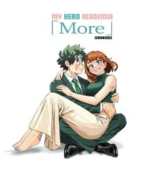  1boy 1girl aged_up arms_around_neck artist_name barefoot black_shoes blush_stickers boku_no_hero_academia breasts brown_eyes brown_hair business_suit carlose24339152 collared_shirt commentary couple english_commentary english_text eyelashes formal_clothes full_body green_eyes green_hair green_necktie green_suit green_sweater high-waist_skirt highres indian_style large_breasts legs_together long_skirt looking_at_viewer midoriya_izuku necktie profile ribbed_sweater scar scar_on_face shirt shoes simple_background sitting sitting_on_person sitting_sideways skirt sleeveless sleeveless_turtleneck smile suit sweater teeth turtleneck turtleneck_sweater uraraka_ochaco white_background white_shirt wing_collar 