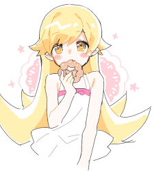  bare_shoulders blonde_hair blush blush_stickers doughnut dress eating fang flipped_hair food holding holding_food long_hair looking_at_viewer manimani_(mani_ma) monogatari_(series) oshino_shinobu pointy_ears pointy_hair simple_background sleeveless sleeveless_dress solo white_dress yellow_eyes 