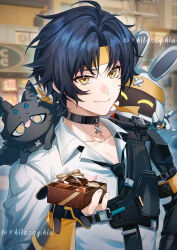 1boy animal animal_on_shoulder asaba_harumasa asaboo_(zenless_zone_zero) bangboo_(zenless_zone_zero) black_choker black_hair black_necktie blurry blurry_background box box_of_chocolates cat cat_on_shoulder chocolate choker closed_mouth collared_shirt commentary_request english_commentary gift gift_box hand_up highres holding holding_box holding_gift looking_at_viewer male_focus mixed-language_commentary necktie parted_bangs philosophia shirt short_hair smile solo upper_body white_shirt yellow_eyes zenless_zone_zero 