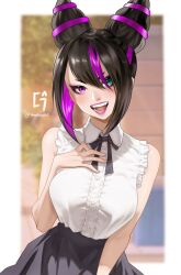  1girl absurdres any_emu_7725 black_hair black_ribbon black_skirt blurry blurry_background border breasts buttons collared_shirt commentary diagonal_bangs english_commentary green_eyes hair_between_eyes hair_horns han_juri hand_on_own_chest heterochromia highres looking_at_viewer medium_breasts neck_ribbon open_mouth purple_hair purple_lips ribbon shirt sidelocks skirt sleeveless sleeveless_shirt smile solo street_fighter street_fighter_6 twitter_username updo upper_body violet_eyes white_border white_shirt 