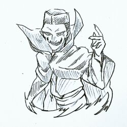  1boy cape commentary_request fangs fortune_teller_(touhou) hat hollow_eyes looking_at_viewer male_focus menotama multi-source_commentary open_mouth pointy_ears short_hair skin_fangs smile solo touhou traditional_media 