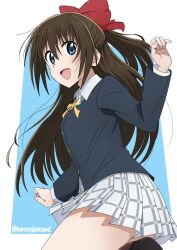  1girl blue_eyes blue_jacket bow brown_hair commentary_request hair_bow happy highres jacket kerorojuncaod long_hair looking_at_viewer love_live! love_live!_nijigasaki_high_school_idol_club nijigasaki_school_uniform open_mouth osaka_shizuku profile school_uniform shirt skirt smile solo standing standing_on_one_leg white_shirt white_skirt yellow_bow 