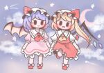  2girls :d ascot bat_wings blonde_hair blue_hair blush bow chibi clouds crescent_moon crystal dress flandre_scarlet footwear_bow frilled_shirt_collar frills full_body happy hat head_tilt holding_hands mitama311 mob_cap moon multiple_girls night night_sky one_side_up open_mouth pink_dress puffy_short_sleeves puffy_sleeves red_ascot red_skirt red_vest remilia_scarlet shooting_star short_hair short_hair_with_long_locks short_sleeves siblings sisters skirt sky smile standing standing_on_one_leg star_(symbol) swept_bangs touhou vest wings yellow_ascot 
