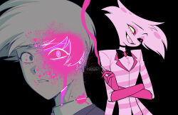  2boys :d angel_dust angel_dust_(human) back-to-back black_background black_bow black_bowtie black_choker black_sclera blood blood_on_clothes blood_on_face blood_on_neck blood_splatter bow bowtie brooch choker clenched_teeth close-up collared_shirt colored_sclera colored_skin colored_smoke commentary_request crossed_arms dual_persona extra_arms facial_mark fewer_digits furry furry_male gloves gold_teeth grey_eyes grin hazbin_hotel hellaverse highres jewelry lapels looking_ahead looking_at_viewer male_focus menma_(enaic31) mismatched_sclera multiple_boys pink_blood pink_eyes pink_fur pink_gloves pink_shirt portrait raised_eyebrow sharp_teeth shirt short_hair signature simple_background smile smoke striped_clothes striped_shirt teeth traditional_bowtie two-tone_shirt upper_body very_short_hair white_hair white_skin wide-eyed yellow_sclera 