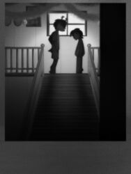  1girl 1other androgynous animal_ears antlers commentary december_holiday deer_ears deer_tail deltarune design_speculation english_commentary furry furry_female greyscale highres horns indoors kris_(deltarune) looking_at_another maqqano monochrome omori railing reindeer_antlers reindeer_girl spoilers stairs tail utdr_(toby_fox) window 