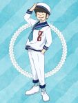  1boy afro black_hair blue_background blue_neckerchief closed_eyes earrings eyewear_removed facial_hair facing_viewer franky_franklin grin hand_in_pocket hand_up hat jewelry male_focus midriff_peek neckerchief ouka_(gegege_853suki) pants sailor sailor_hat smile solo spy_x_family standing stubble twitter_username white_footwear white_pants 