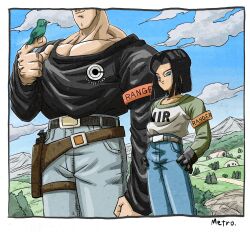  2boys android_16 android_17 bird black_hair black_shirt blue_eyes blue_pants clothes_writing cowboy_shot denim dragon_ball dragon_ball_super dragon_ball_z eyes_out_of_frame green_shirt gun head_out_of_frame highres male_focus multiple_boys muscular muscular_male outdoors pants print_shirt shirt short_hair standing weapon yamuchasiyagatte 