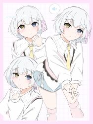  1girl bang_dream! bang_dream!_it's_mygo!!!!! blue_eyes blue_skirt blush commentary hair_ornament hair_ribbon heart heterochromia highres kaname_raana long_sleeves looking_at_viewer melty_lubll multiple_views necktie pink_hair pink_sweater_vest ribbon shirt short_hair skirt spoken_heart sweater_vest white_hair white_shirt x_hair_ornament yellow_eyes yellow_necktie 