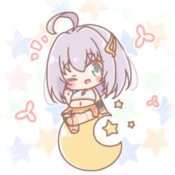  1girl ;d ahoge blue_eyes blush_stickers brown_sandals chibi commentary_request crescent crop_top grey_hair hair_between_eyes hand_up highres kazuki_mikuru looking_at_viewer midriff mitarashi_neko navel notice_lines one_eye_closed propro_production red_skirt sandals shoe_soles sitting skirt smile solo star_(symbol) virtual_youtuber white_background 
