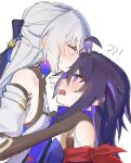  !? 2girls ? ?? ahoge bare_shoulders blush breasts bronya_rand closed_eyes commentary earrings english_text grey_hair hand_on_another&#039;s_shoulder highres honkai:_star_rail honkai_(series) honkai_impact_3rd jewelry kiss kissing_forehead long_hair looking_at_another misaki_d3su multicolored_hair multiple_girls open_mouth purple_hair seele_(honkai:_star_rail) simple_background small_breasts streaked_hair sweatdrop symbol-only_commentary upper_body violet_eyes white_background white_sleeves yuri 