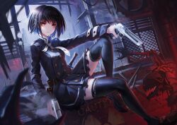  1girl absurdres arm_on_knee black_hair black_jacket black_shoes black_skirt black_thighhighs blurry blurry_foreground brick_wall buttons caution commentary_request desert_eagle double-breasted dual_wielding full_body gun hair_ornament hairclip handgun high_collar highres holding holding_gun holding_weapon indoors jacket knee_up looking_at_viewer mary_janes monster necktie original radiation_symbol ram-a red_eyes red_light shoes short_hair sitting skirt solo thigh-highs weapon white_necktie zettai_ryouiki 