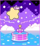  1boy black_eyes border bright_pupils clouds facial_mark fountain fountain_of_dreams highres kirby kirby&#039;s_dream_land kirby_(series) no_humans open_mouth pink_border sasakinao smile solo star_(symbol) star_rod warp_star water waving white_pupils 