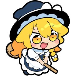  1girl :d apron black_hat black_skirt black_vest blonde_hair blush_stickers bow braid broom broom_riding chibi chibi_only collared_shirt commentary_request double-parted_bangs frilled_apron frilled_skirt frills full_body hair_between_eyes hair_bow hat hat_bow kirisame_marisa long_hair moyazou_(kitaguni_moyashi_seizoujo) open_mouth shirt short_sleeves simple_background single_braid skirt skirt_set smile solo touhou v-shaped_eyebrows vest waist_apron white_apron white_background white_bow white_shirt witch_hat yellow_eyes 
