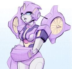  1girl blue_eyes commentary fruitcombo helmet highres humanoid_robot mechanical_wings nautica_(transformers) no_humans purple_lips robot robot_girl science_fiction solo the_transformers_(idw) transformers white_background wings 