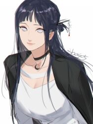  1girl black_hair black_jacket blunt_bangs choker closed_mouth half_updo hanchu27 highres hyuuga_hinata jacket long_hair naruto_(series) shirt simple_background smile upper_body violet_eyes white_background white_shirt 