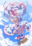  1girl ;d absurdres blue_cape blue_eyes blue_hair blue_sky brooch cape clouds cloudy_sky cure_sky cut_bangs day detached_sleeves dress earrings facing_viewer falling frilled_dress frills gloves highres hirogaru_sky!_precure jewelry long_hair magical_girl multicolored_hair one_eye_closed paru_rari precure puffy_detached_sleeves puffy_sleeves sky sky_mirage smile sora_harewataru streaked_hair thigh-highs twintails two-sided_cape two-sided_fabric white_gloves wing_brooch wing_hair_ornament 