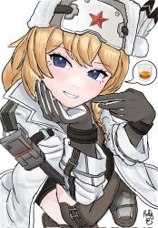  alcohol artist_name black_gloves black_shorts blonde_hair blue_eyes blush boots braid brown_boots coat elbow_gloves feathers fur_hat girls'_frontline_2:_exilium girls_frontline glass gloves hand_on_own_chin hat hat_feather highres light_blush long_hair looking_at_viewer mosin-nagant_(girls'_frontline) mosin-nagant_(girls'_frontline_2) multicolored_gloves pointing pointing_at_self puffypau26 red_star shorts sidelocks signature simple_background smile speech_bubble squatting star_(symbol) sweater tactical_clothes teeth thighs two-tone_gloves white_background white_coat white_feathers white_gloves white_hat 