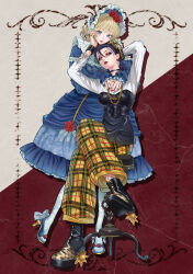  1boy 1girl amata_(kanazawa_shinnosuke) androgynous animal_print arms_around_neck arms_up baggy_pants beret black_boots black_corset blonde_hair blue_bonnet blue_dress blue_eyes blue_shoes blush bodice bonnet boots border bow chain chain_necklace choker collar commentary_request corset crossdressing crossdressing_(mtf) crossed_legs dress dress_shirt earrings eyeshadow fishnets flower footwear_bow frilled_bonnet frilled_collar frilled_dress frilled_sleeves frills front-to-back full_body hair_between_eyes hair_slicked_back half-closed_eyes hand_on_another's_face hanku_(kanazawa_shinnosuke) hat high_heels highres jewelry kaisha_to_shiseikatsu kanazawa_shinnosuke lace lace-up_boots lace_pantyhose leopard_print lipstick lolita_fashion long_sleeves looking_at_viewer makeup medium_hair mole mole_under_eye multiple_rings necklace official_art on_stool ornate_border pants pantyhose parted_lips plaid_clothes plaid_pants pumps purple_hair red_background red_flower red_lips red_nails red_rose ring rose shirt shoes sitting stool sun_ornament two-tone_background white_background white_pantyhose wrist_belt yellow_eyes yellow_pants 