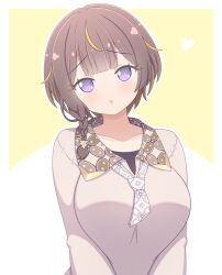  1girl alternate_breast_size_(larger) anya_melfissa anya_melfissa_(indonesian_casual) blonde_streaks blouse blunt_bangs braid breasts breasts_squeezed_together brown_hair brown_shirt collarbone commentary double-parted_bangs english_commentary heart highres hololive hololive_indonesia large_breasts long_sleeves looking_at_viewer multicolored_hair neckerchief parted_lips print_collar print_neckerchief ren_0_(044ren) shirt short_hair side_braid solo streaked_hair two-tone_hair upper_body violet_eyes virtual_youtuber white_background white_neckerchief 