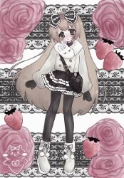  1girl animal_scarf ascii_art bag blush boots bow brown_eyes brown_hair buttons cropped_jacket crossbody_bag double-breasted flower food fruit full_body fur-trimmed_boots fur_trim hair_bow heart-shaped_bag highres imydestination lace_background long_hair long_sleeves looking_at_viewer mittens original pantyhose parted_lips pom_pom_(clothes) pom_pom_footwear rabbit_scarf ribbon-trimmed_skirt ribbon_trim rose scarf shoulder_bag solo strawberry turtleneck very_long_hair 